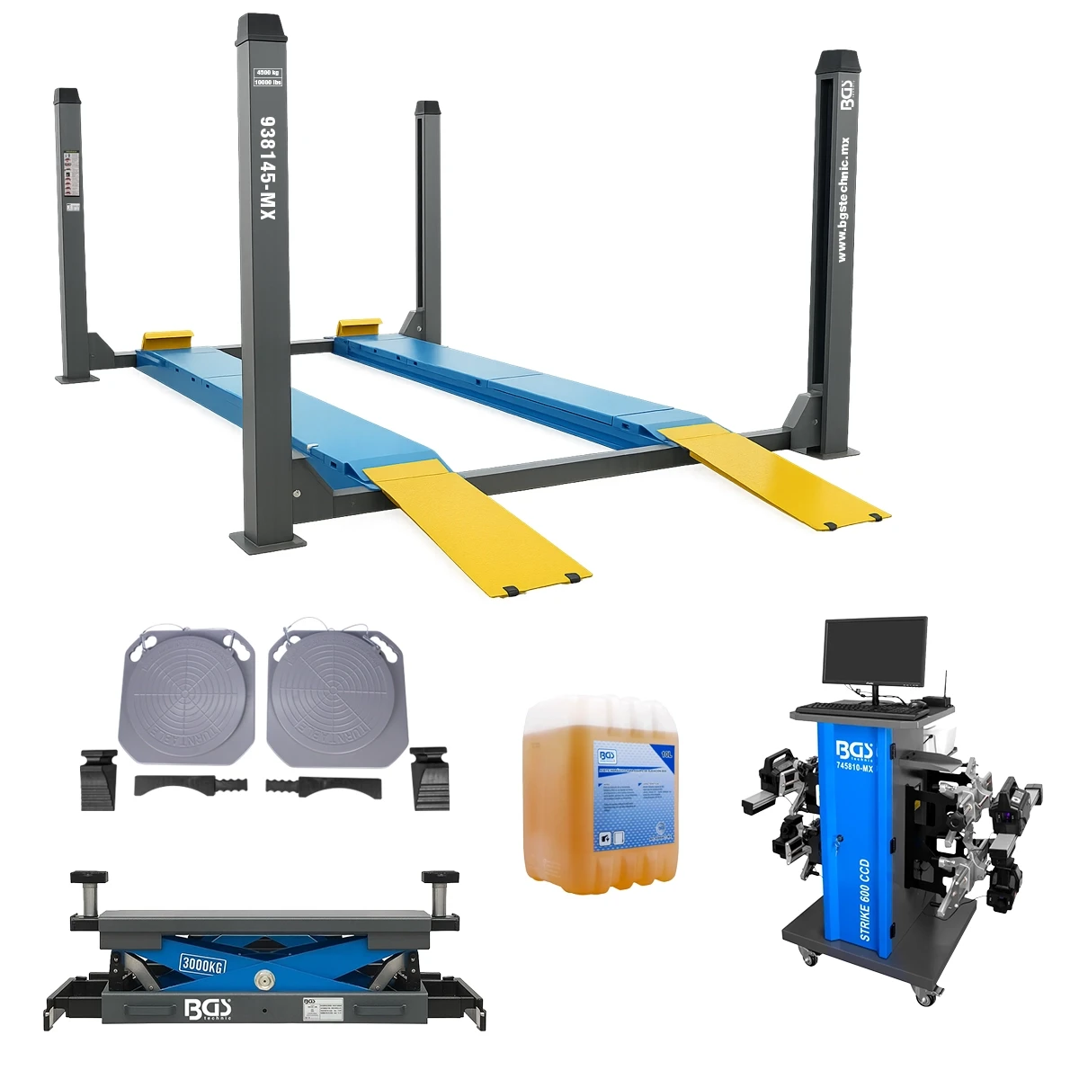 KIT ELEVADOR / RAMPA DE ALINEACION DE 4 POSTES | 4.5 TONELADAS | LIBERACIÓN ELECTROHIDRÁULICA + “ROLLING JACK” GATO DESLIZANTE TIPO TIJERA NEUMÁTICO + ALINEADORA INALAMBRICA DE LLANTAS STRIKE 600 CCD
