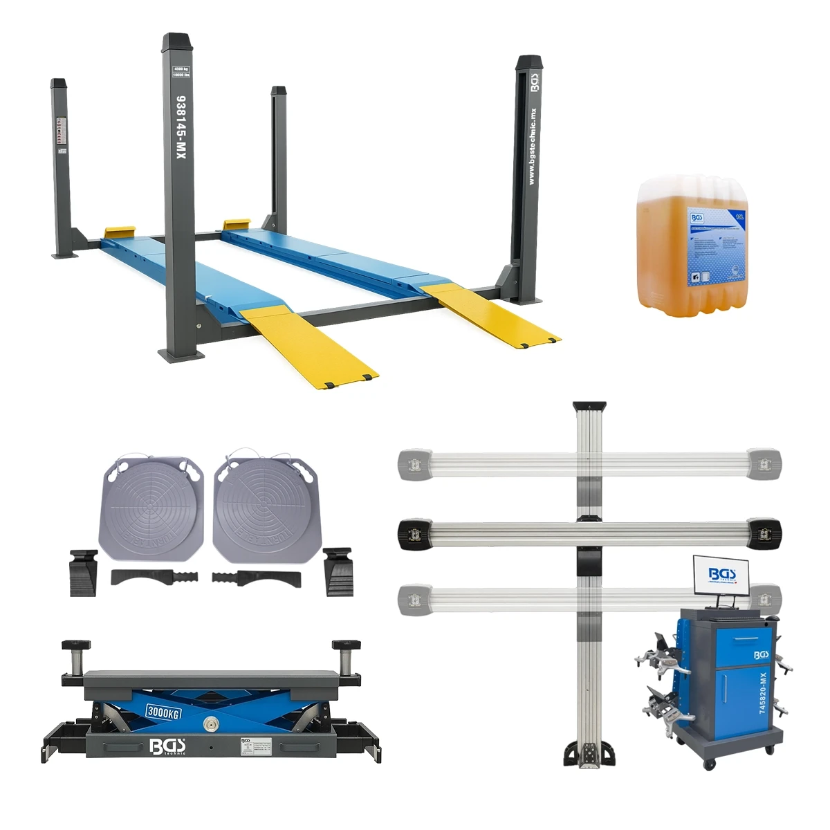 KIT ELEVADOR / RAMPA DE ALINEACION DE 4 POSTES | 4.5 TONELADAS | LIBERACIÓN ELECTROHIDRÁULICA + “ROLLING JACK” GATO DESLIZANTE TIPO TIJERA NEUMÁTICO + ALINEADORA DE RINES 3D CON SEGUIMIENTO AUTOMÁTICO